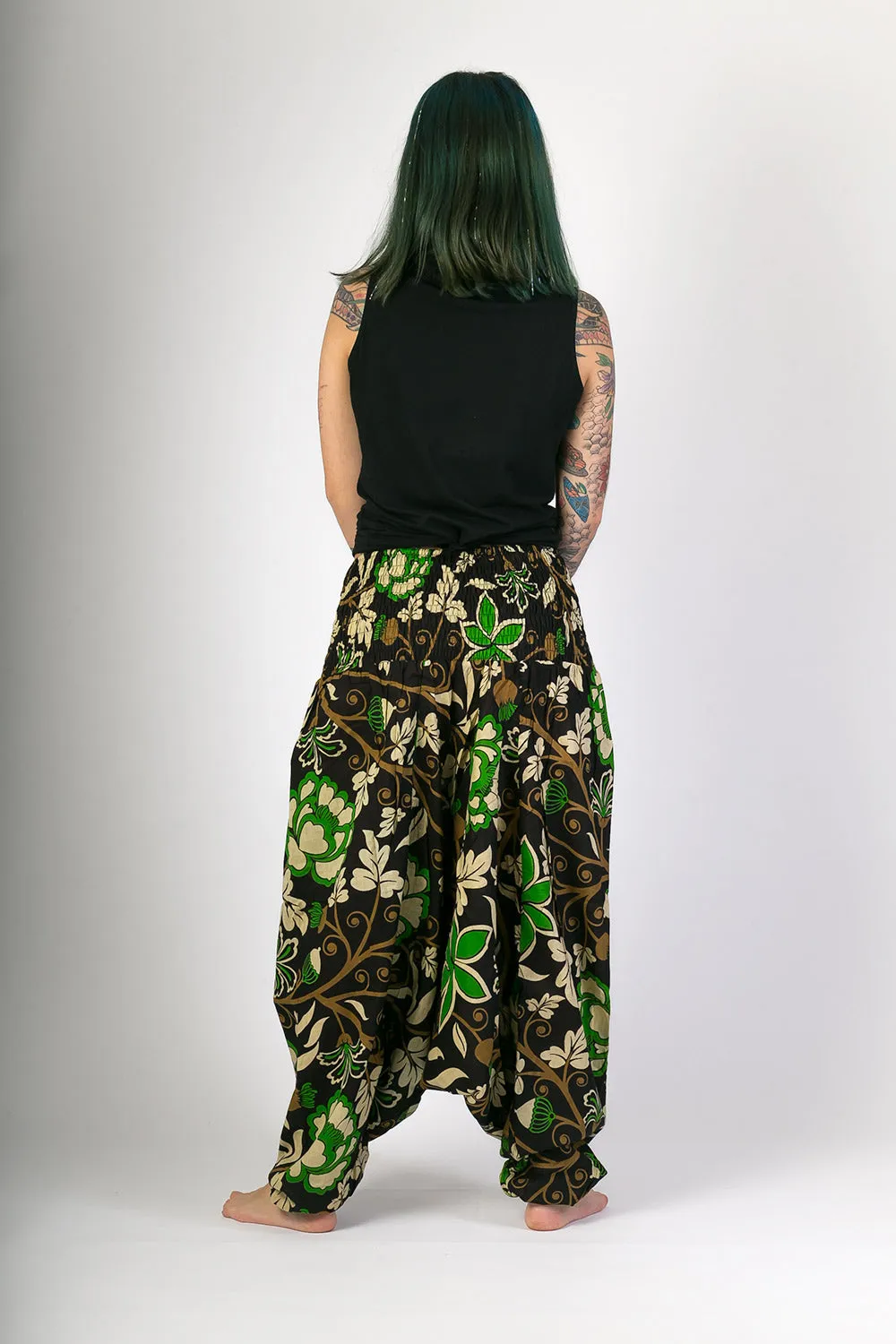 Black Green Print Cotton Harem Jumpsuit Pants