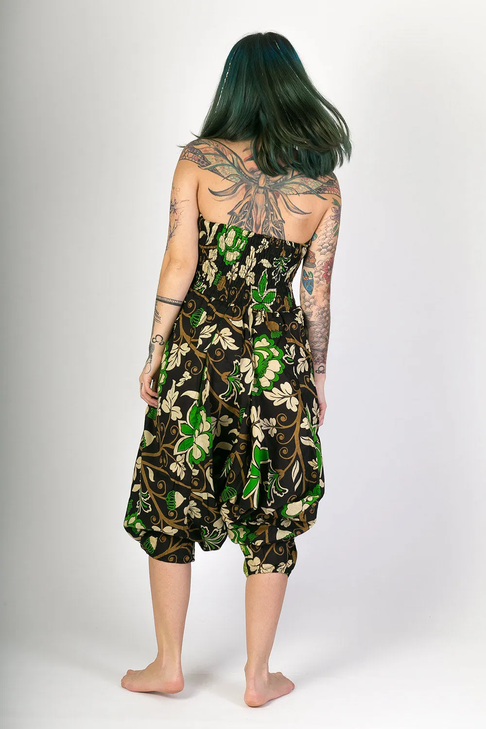 Black Green Print Cotton Harem Jumpsuit Pants