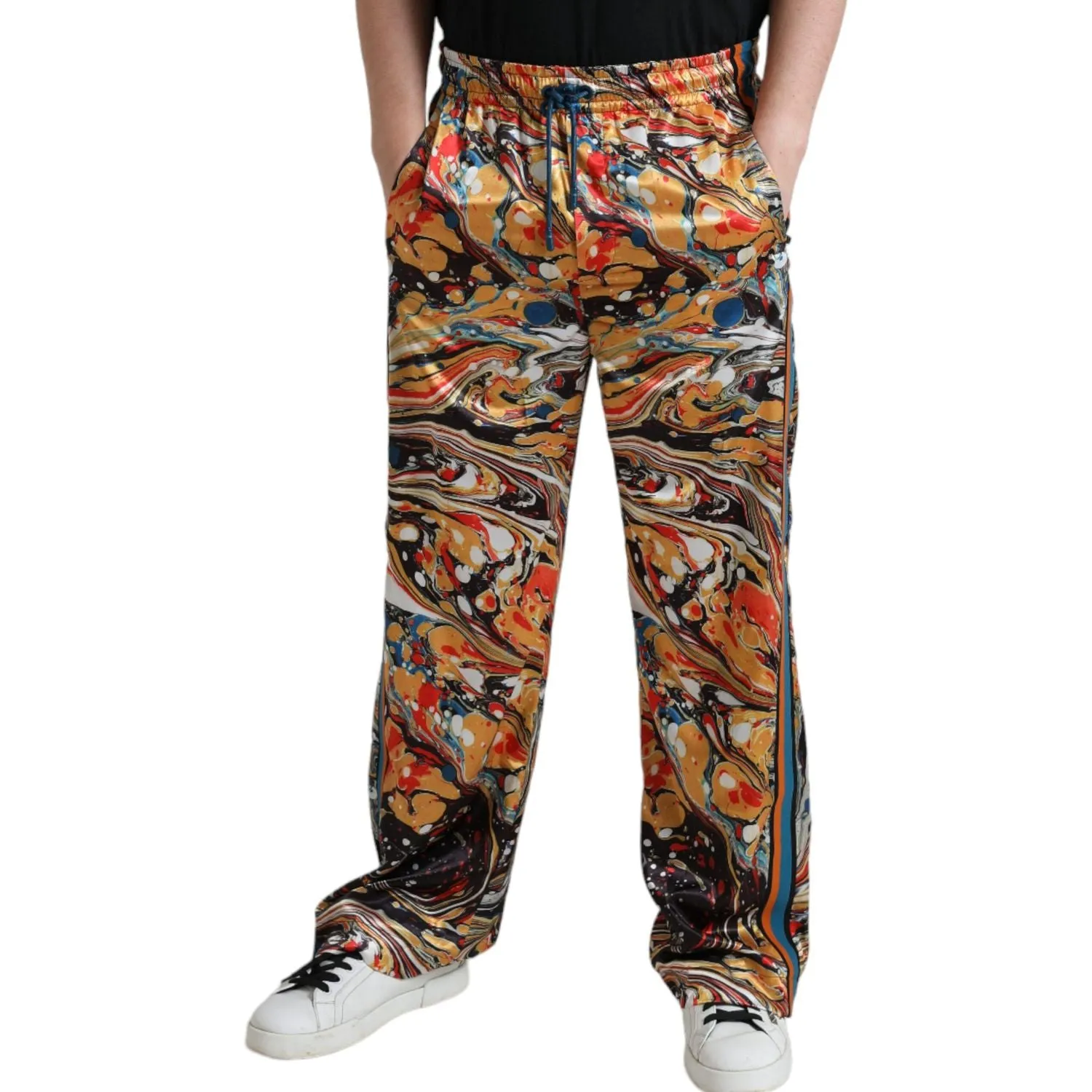 Dolce & Gabbana Elegant Satin Track Pants in Multicolor Marble