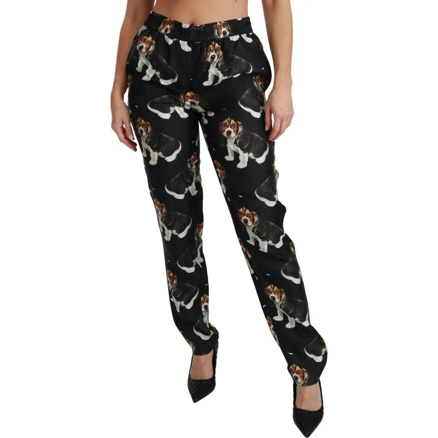 Dolce & Gabbana Elegant Silk Puppy Dog Print Pants