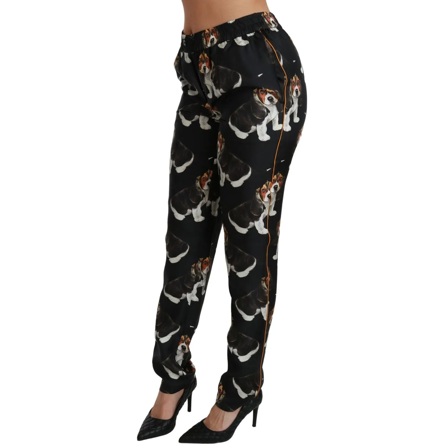 Dolce & Gabbana Elegant Silk Puppy Dog Print Pants