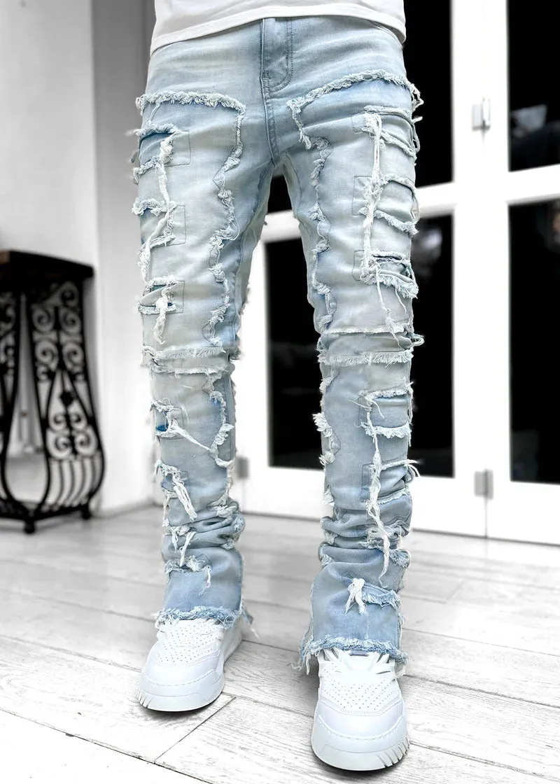 Men Trousers Individual Patched Pants Long Tight Fit Stacked Jeans For Mens Clothing