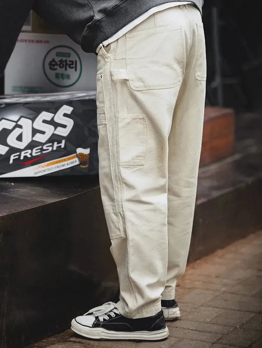 Retro Distressed Loose Cream Washed Straight Fit Pants