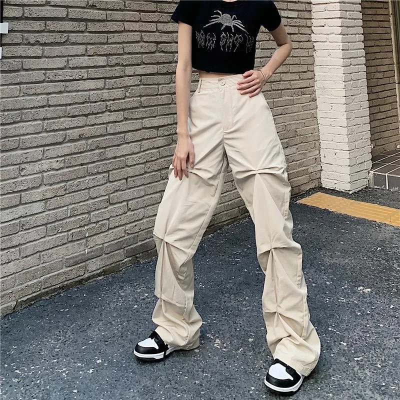 Street Fashion Pleated Beige Cargo Baggy Pants