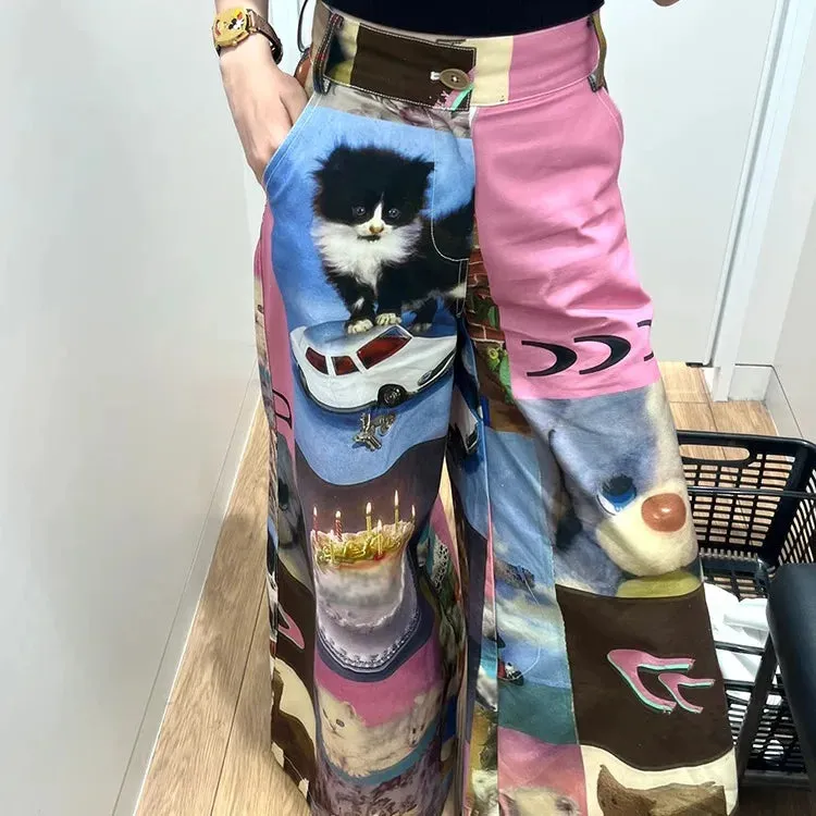 Territory American Street Cute Cartoon Print Pants for Women 2024 New Loose Wide Leg  Y2k Grunge High Waist Straight Trousers