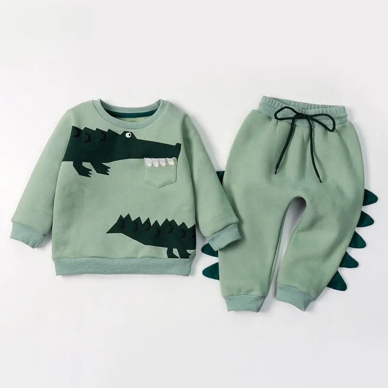 Toddler/Kid's Cartoon 3D Crocodile Green Sweatshirt and Pants Set