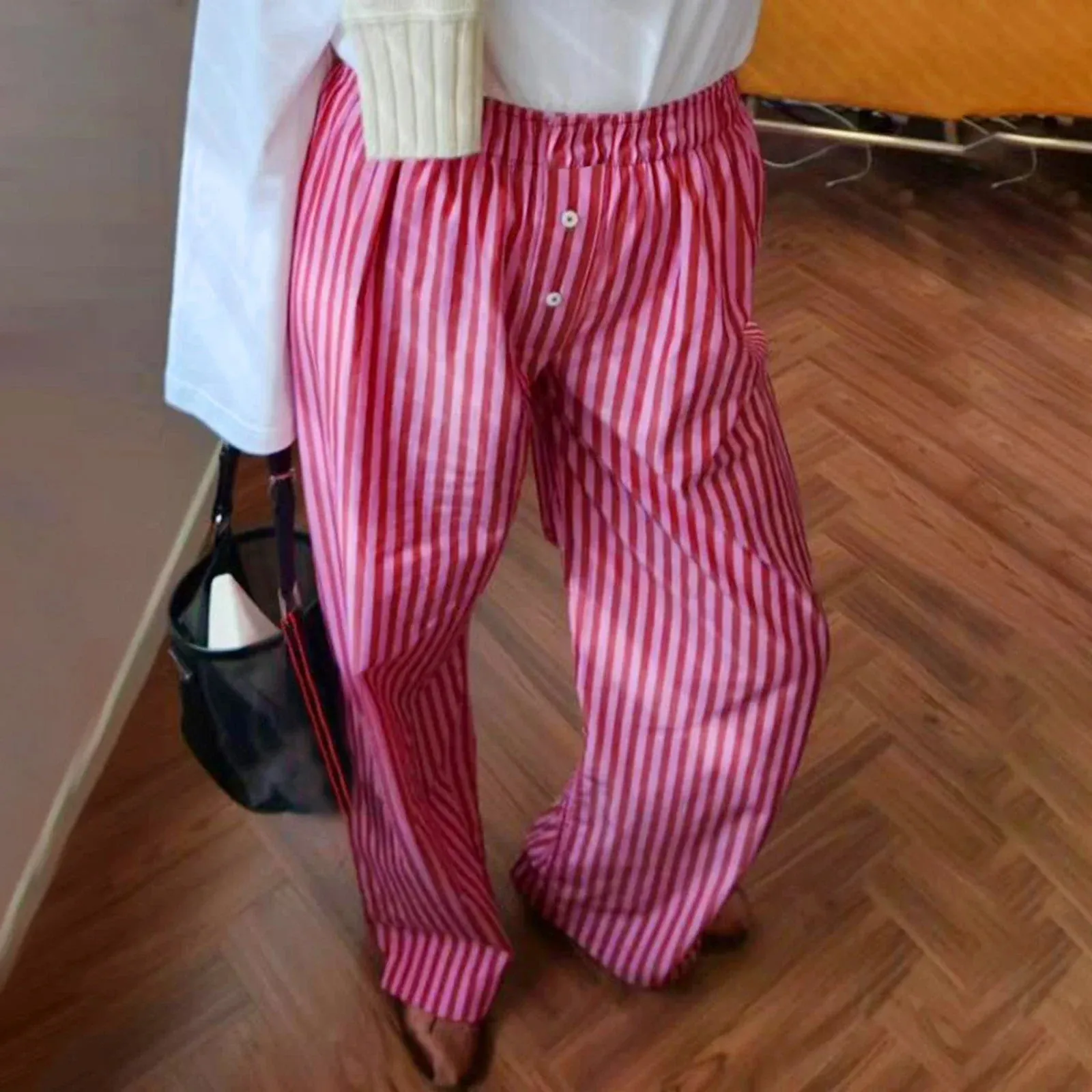 Wide Casual Solid Stripe Elastic Work Office Streetwear Loose Pants