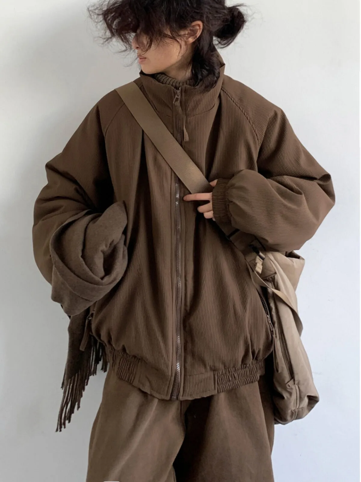 WLS Brown Vertical Striped Retro Winter Jacket