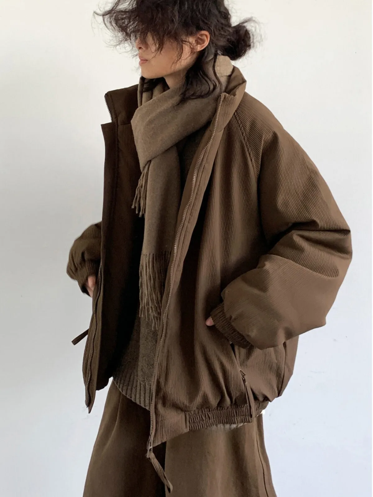 WLS Brown Vertical Striped Retro Winter Jacket