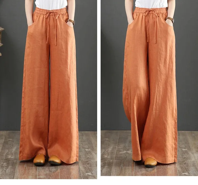 Womens Linen Pants - Loose Fitting Minimalist Elegant With Pocket - Womans Casual Pants - Soft Loose Pants - Wide Leg Trousers - Elastic